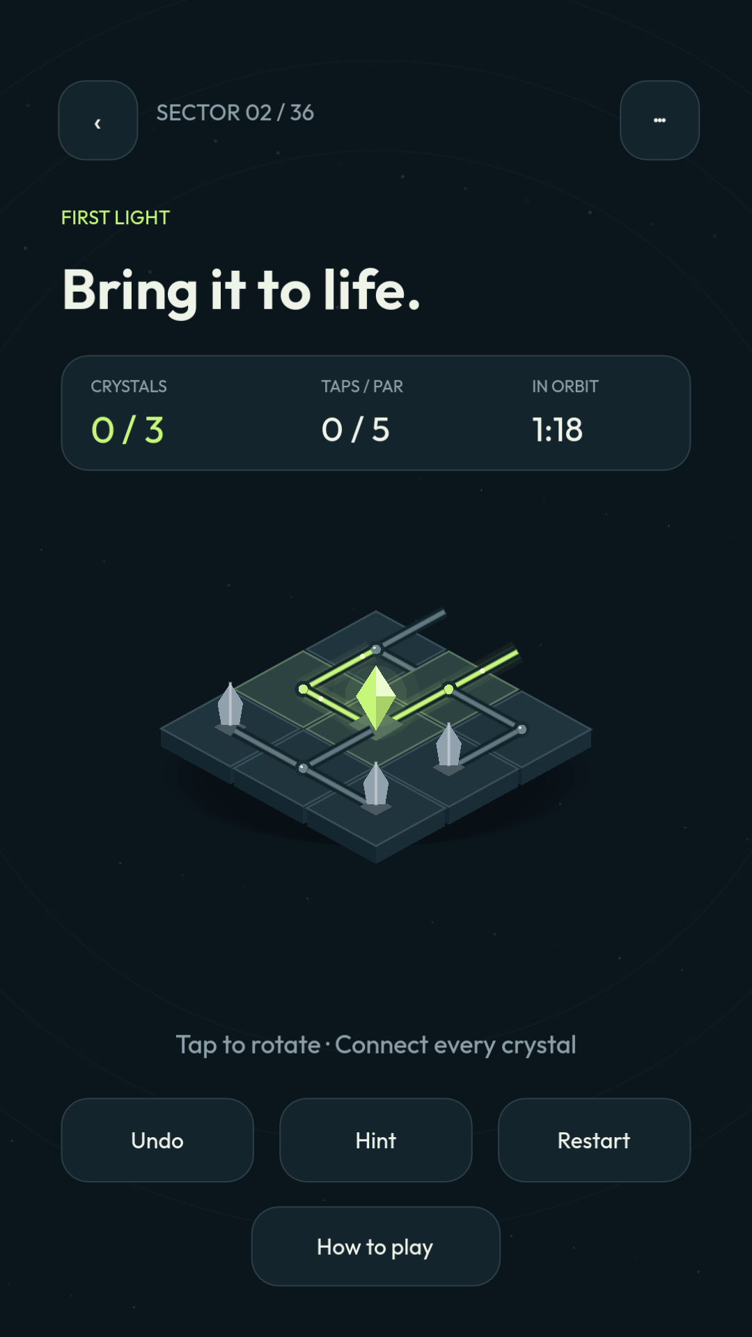 Luma Relay gameplay: glowing crystals and paths on a floating isometric puzzle board.